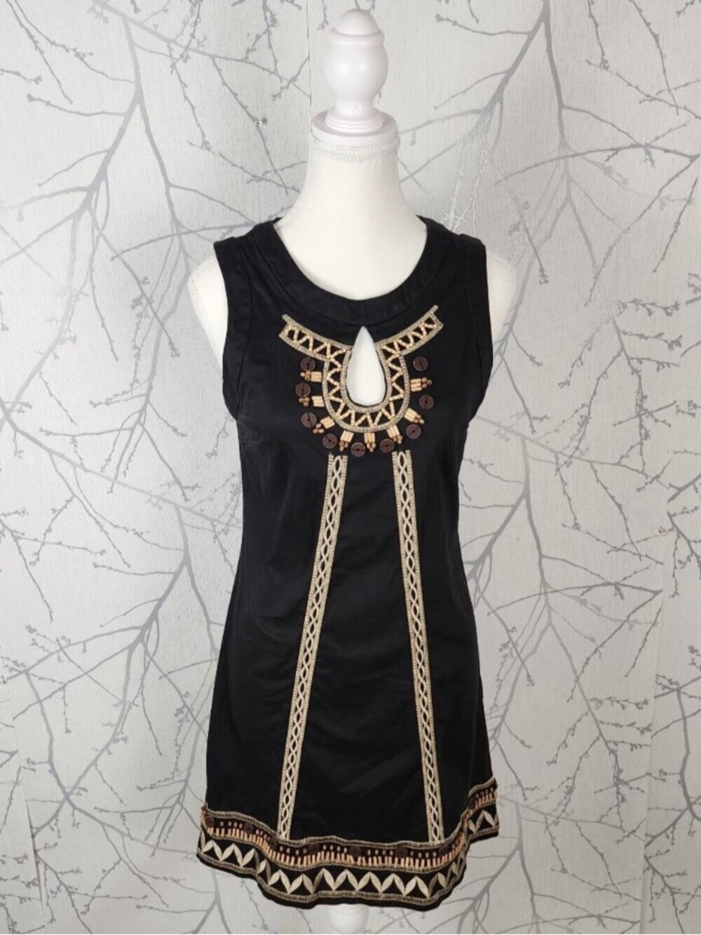 Le Chateau Black Cotton Stretch Embroidered Keyhole A-Line Dress